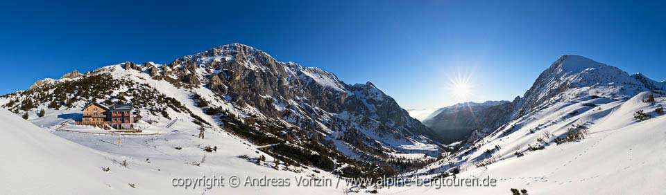 Bergpanorama Winter mit Stahlhaus, Hohem Brett und Schneibstein (Berchtesgadener Alpen, Bayern, Deutschland)