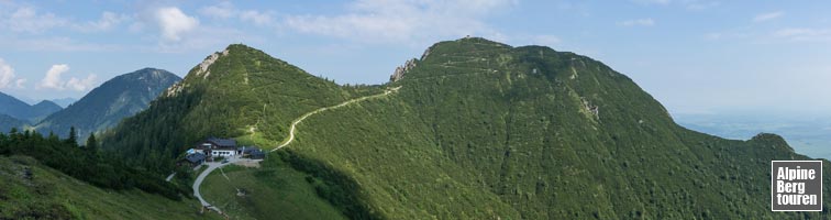 Überblick auf den Aufstieg zum Herzogstandgipfel: Vom Berggasthof traversieren wir den Martinskopf und wandern über die weit ausholenden Serpentinen hoch zum Gipfel-Pavillon