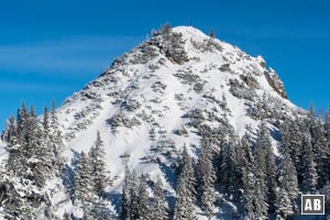 Schneeschuhwanderung Schildenstein: Der winterliche Gipfel des Schildenstein im Zoom.