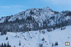 Schneeschuhtour Schildenstein: Zoom aus dem Weg zur Königsalm auf den Schildenstein